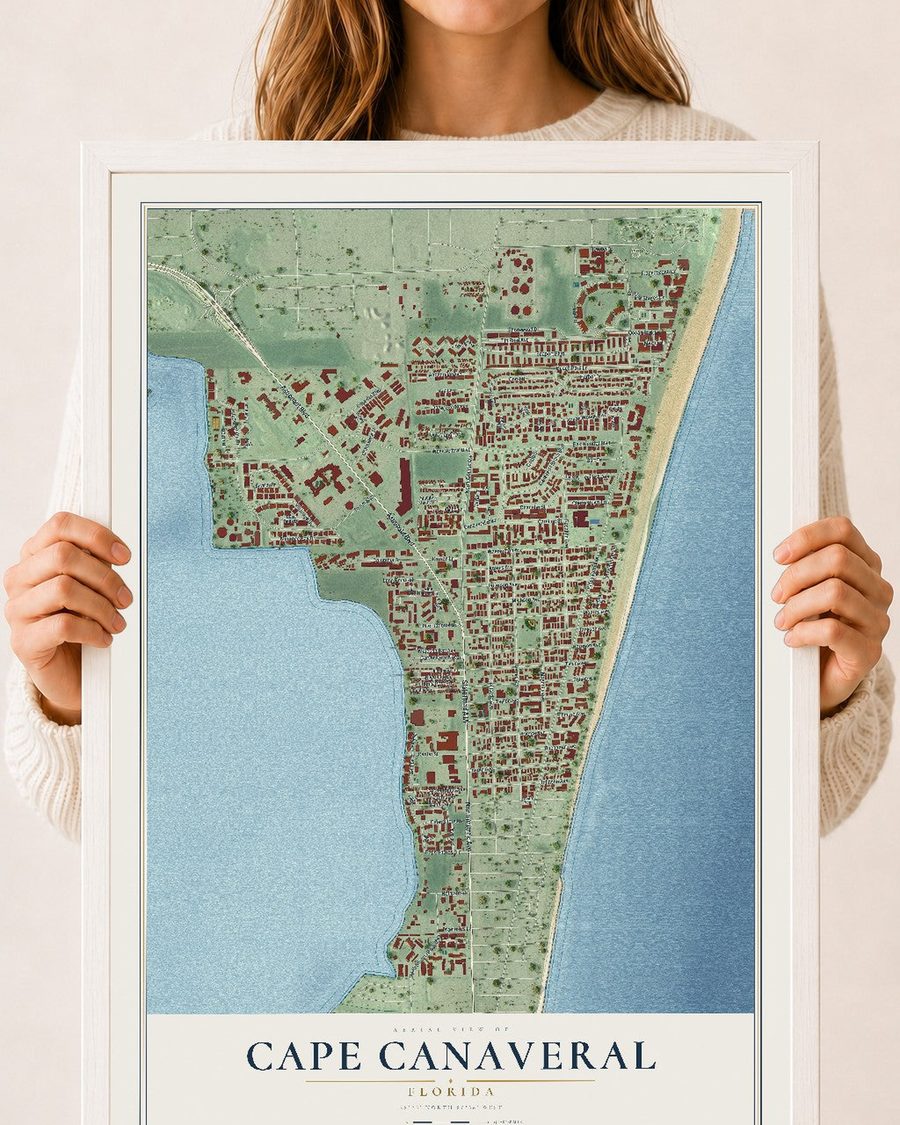 Cape Canaveral, Florida map print, 18 x 24 in, white wood frame