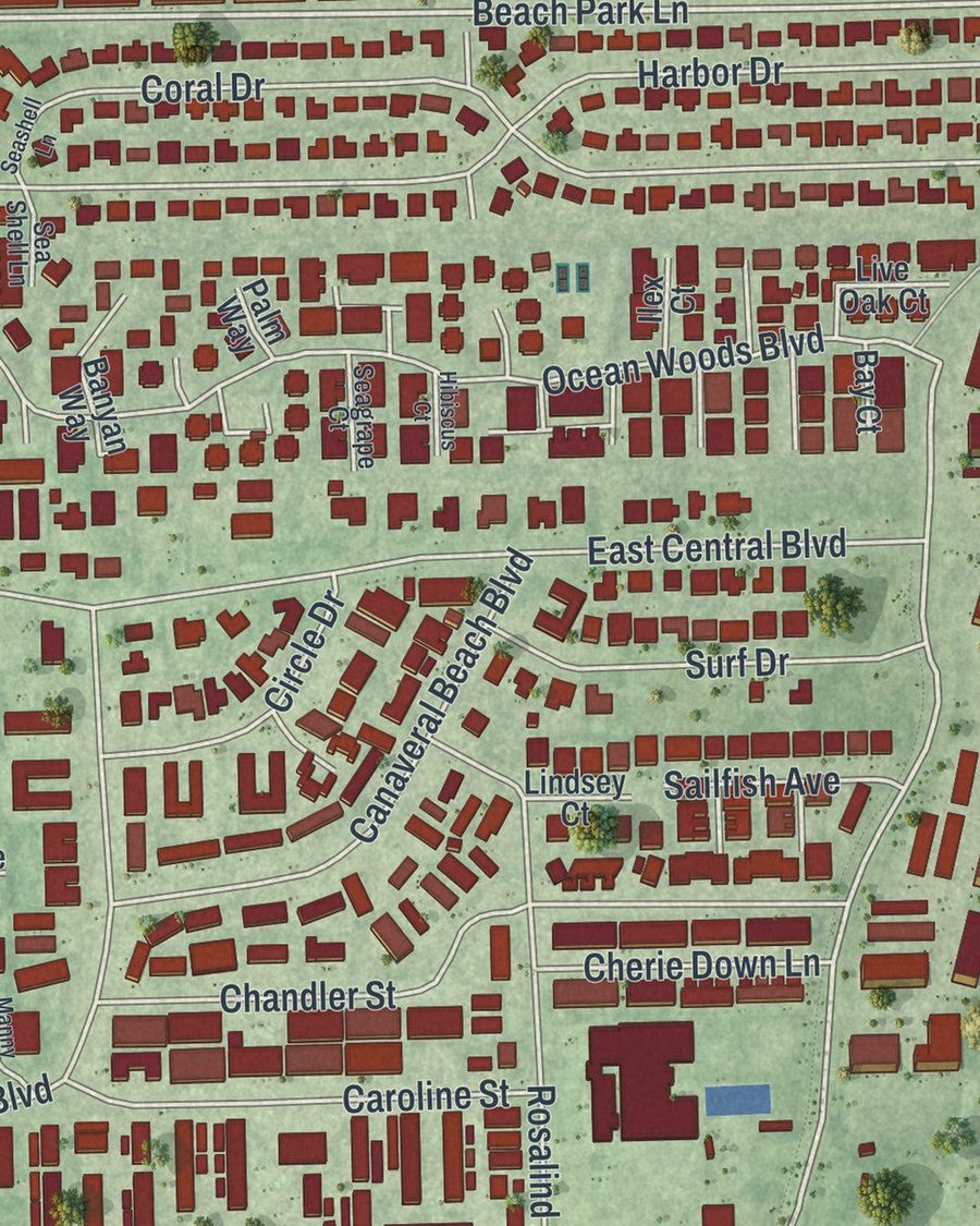 Close-up of Cape Canaveral streets on the map