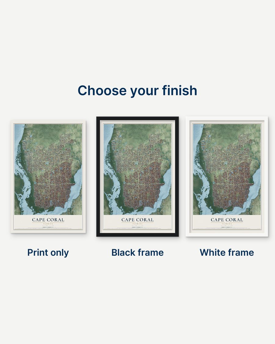 The Cape Coral, Florida map as a print only, in a black frame and in a white frame