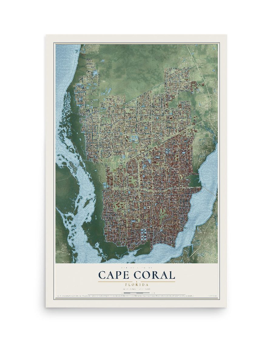Cape Coral, Florida map print, 12 x 18 in, print only