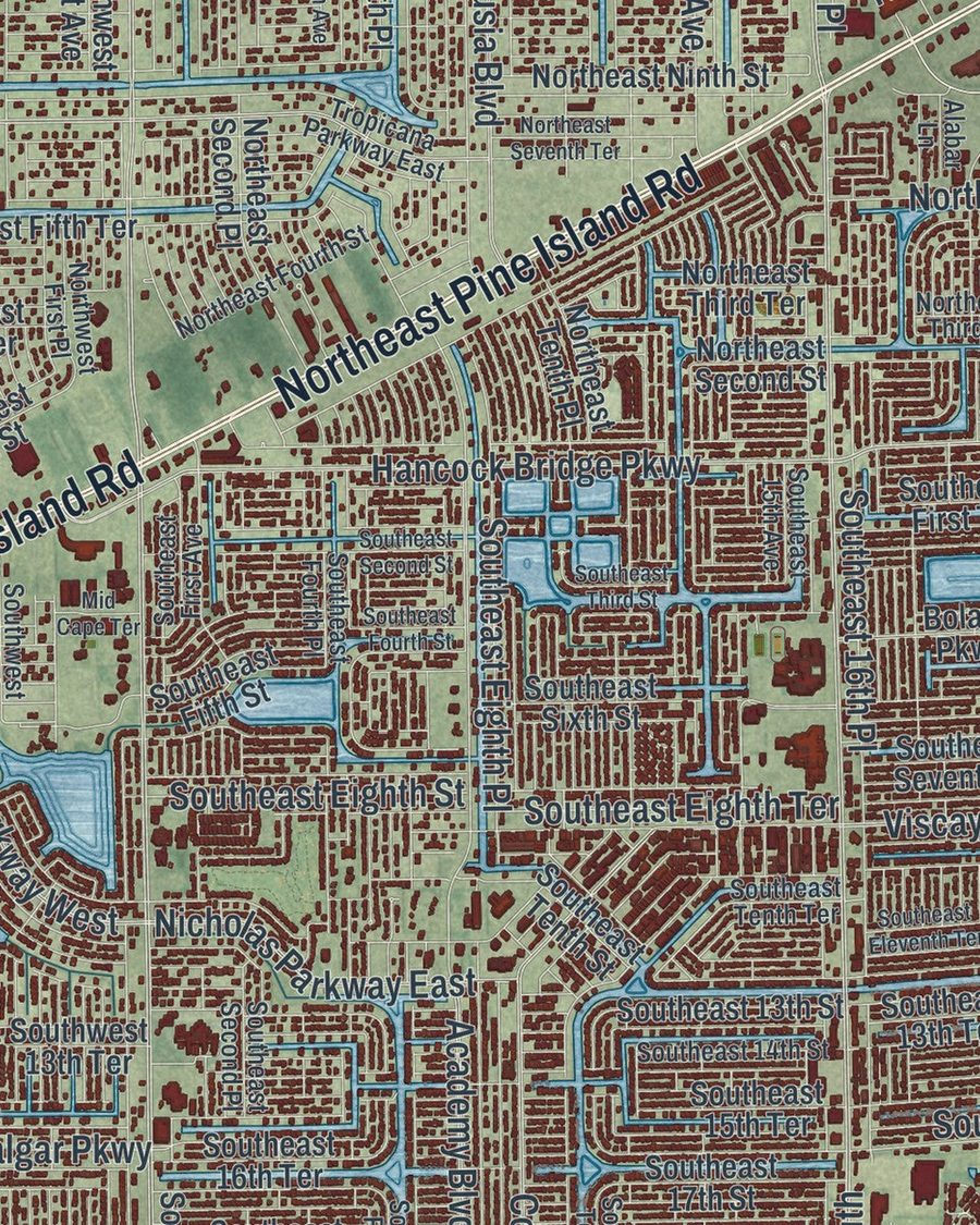 Close-up of Cape Coral streets on the map