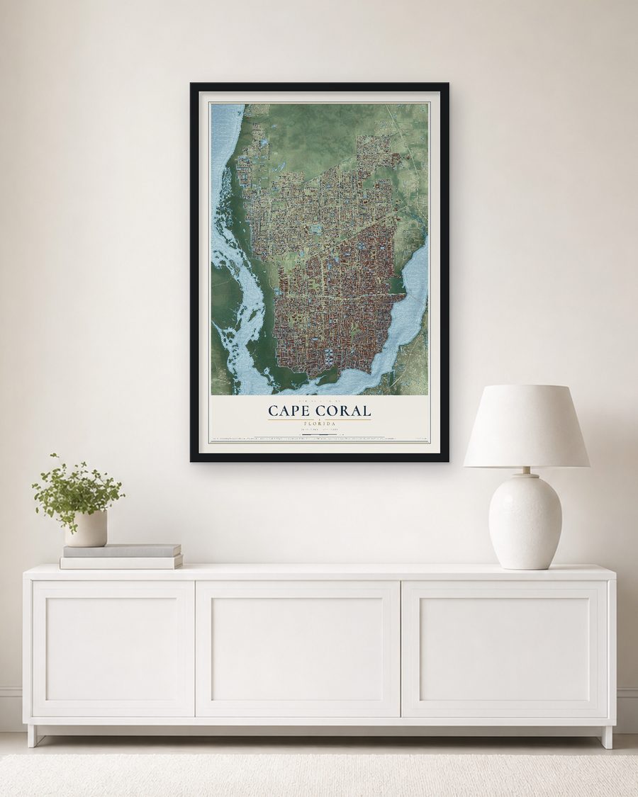 The Cape Coral, Florida map, 24 x 36 in, in a black wood frame on a living room wall