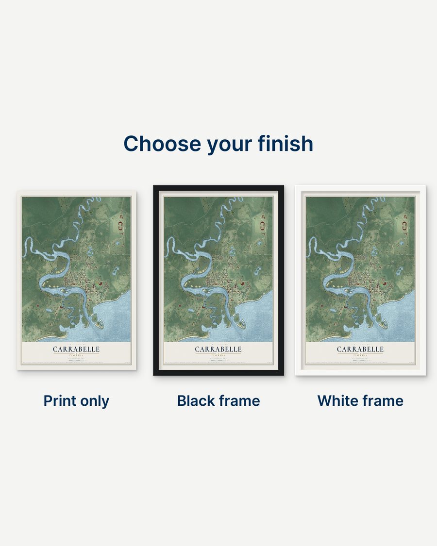 The Carrabelle, Florida map as a print only, in a black frame and in a white frame