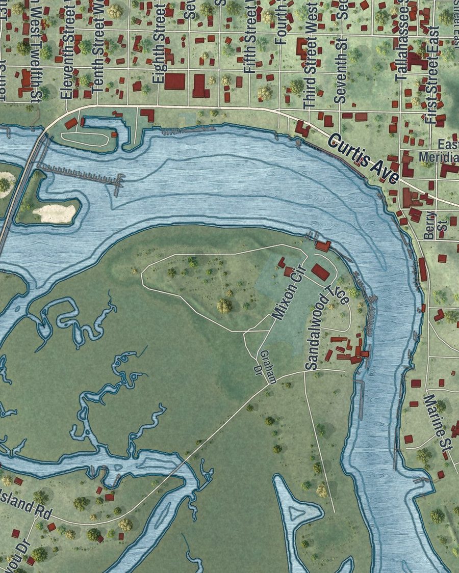 Close-up of Carrabelle streets on the map