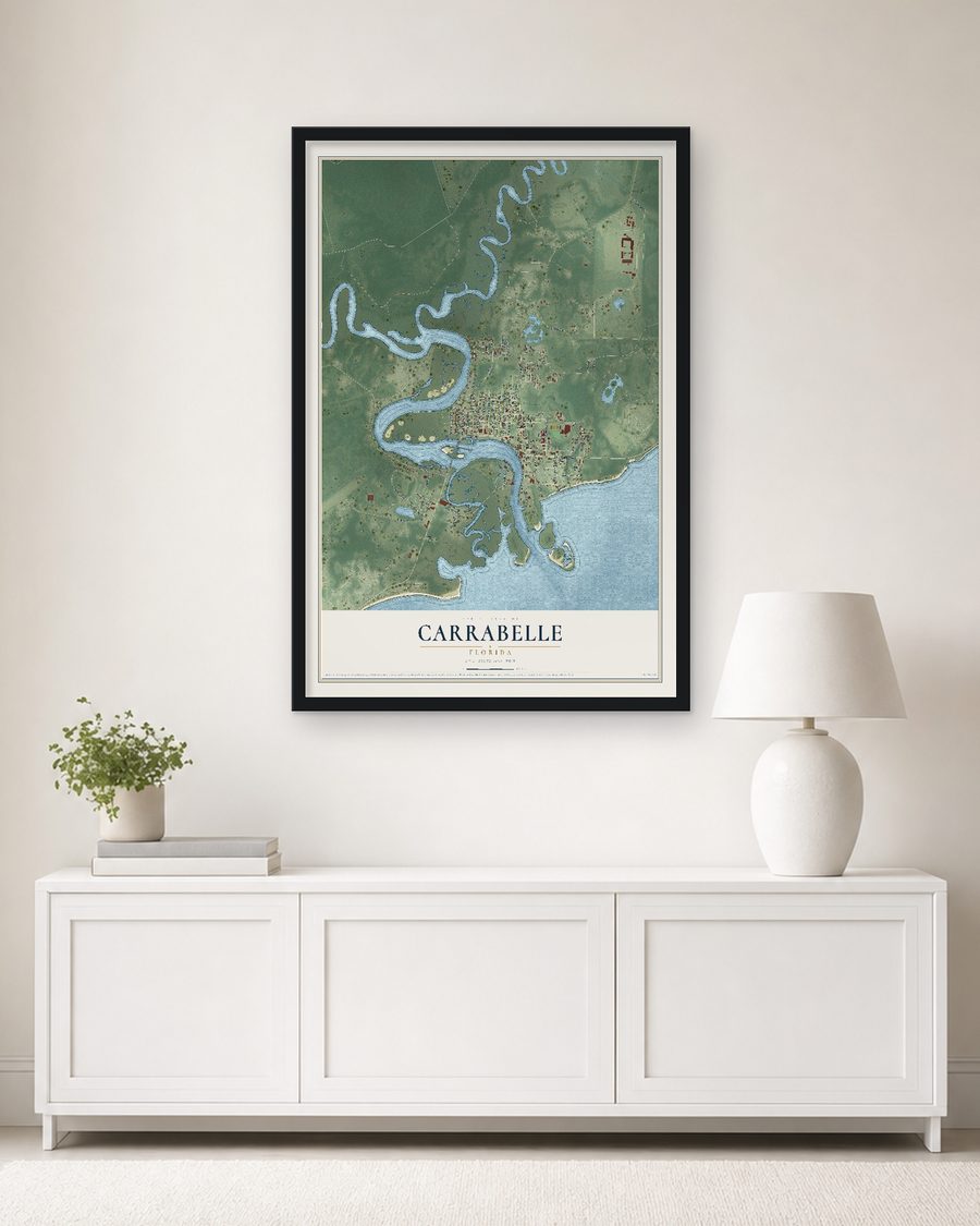 The Carrabelle, Florida map, 24 x 36 in, in a black wood frame on a living room wall