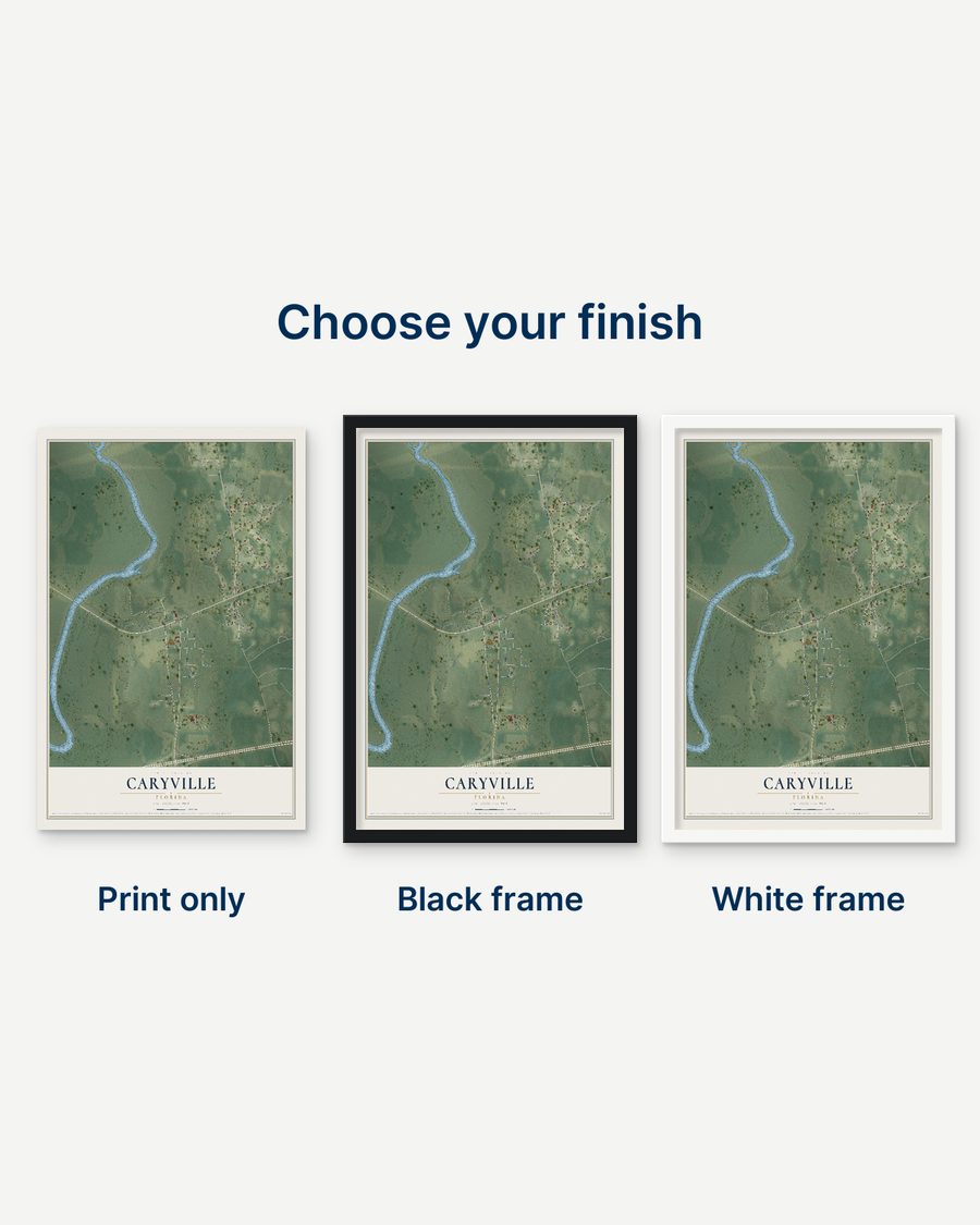 The Caryville, Florida map as a print only, in a black frame and in a white frame