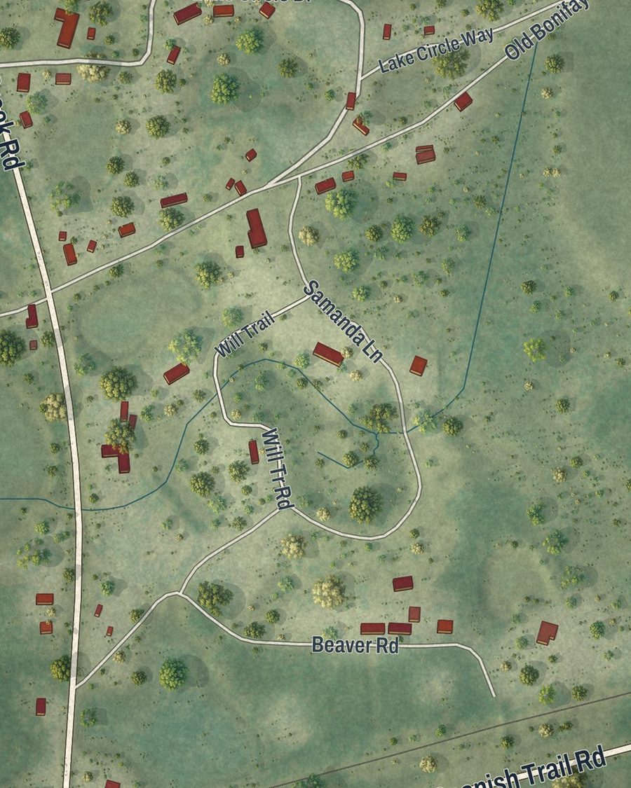 Close-up of Caryville streets on the map