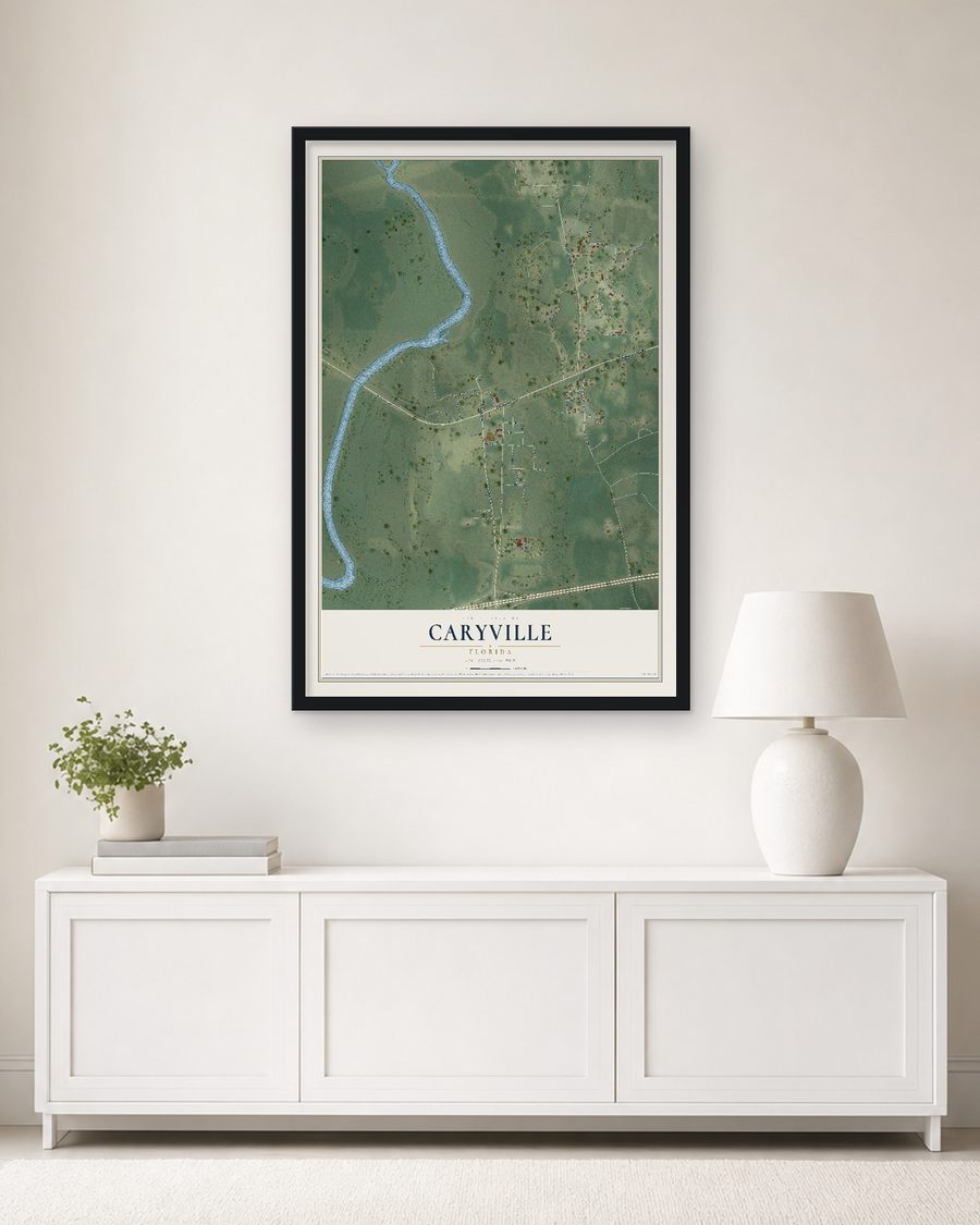 The Caryville, Florida map, 24 x 36 in, in a black wood frame on a living room wall