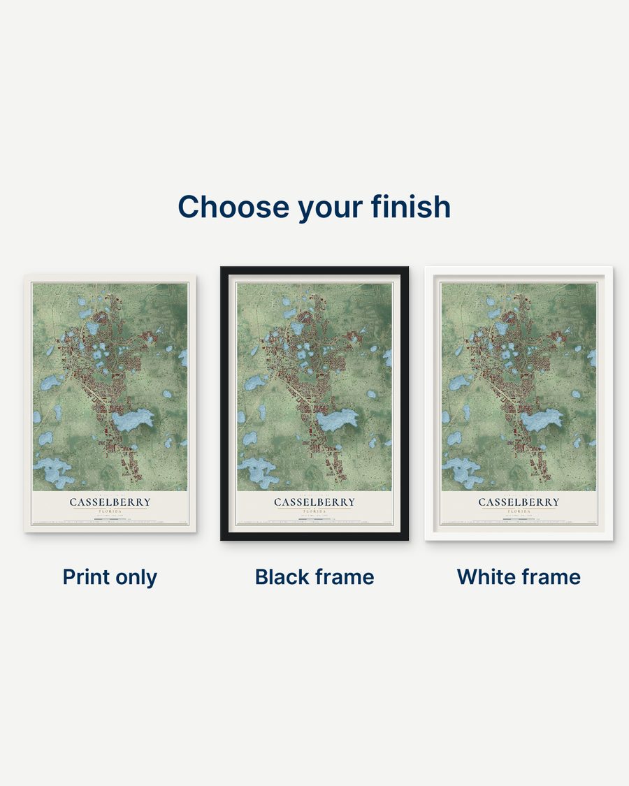 The Casselberry, Florida map as a print only, in a black frame and in a white frame