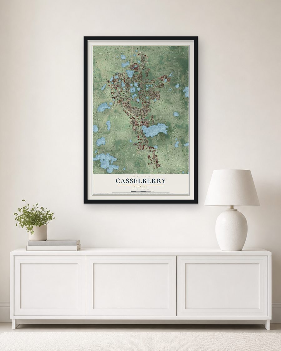 The Casselberry, Florida map, 24 x 36 in, in a black wood frame on a living room wall
