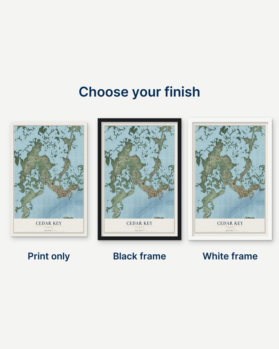 The Cedar Key, Florida map as a print only, in a black frame and in a white frame