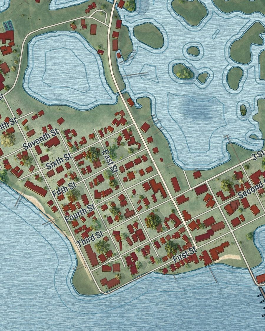 Close-up of Cedar Key streets on the map