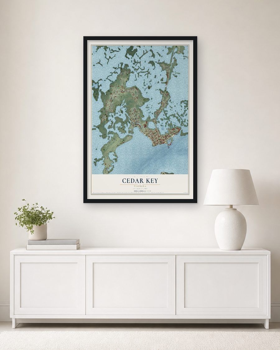 The Cedar Key, Florida map, 24 x 36 in, in a black wood frame on a living room wall