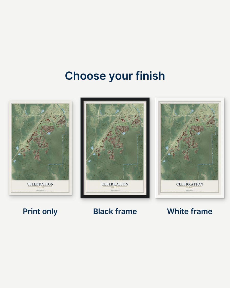 The Celebration, Florida map as a print only, in a black frame and in a white frame