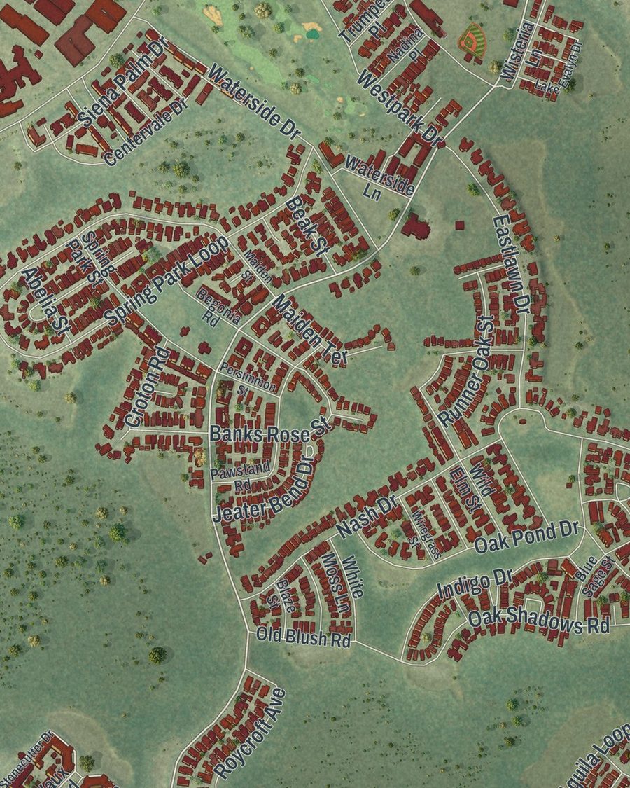 Close-up of Celebration streets on the map