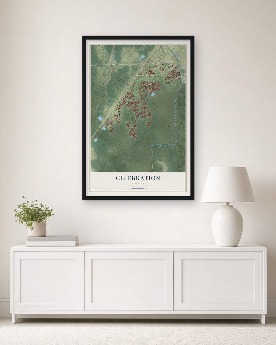 The Celebration, Florida map, 24 x 36 in, in a black wood frame on a living room wall