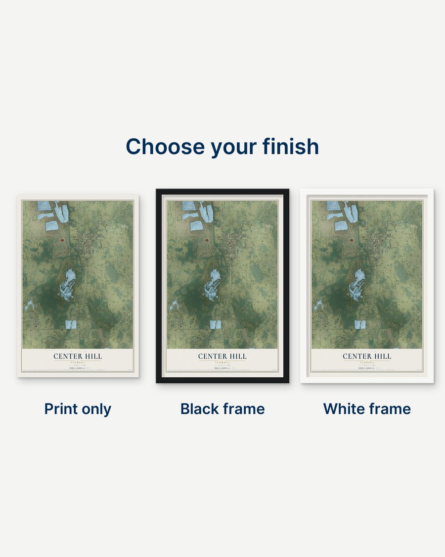 The Center Hill, Florida map as a print only, in a black frame and in a white frame