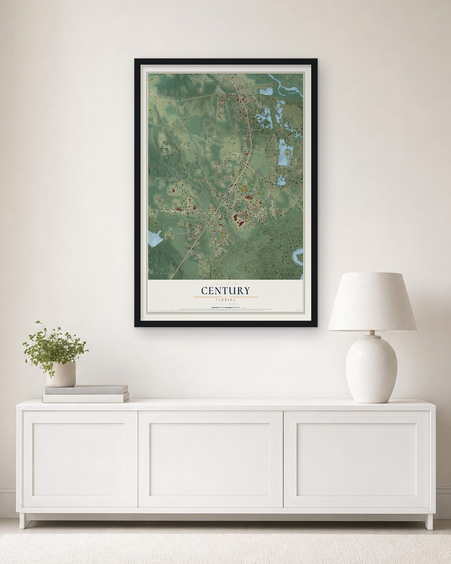 The Century, Florida map, 24 x 36 in, in a black wood frame on a living room wall