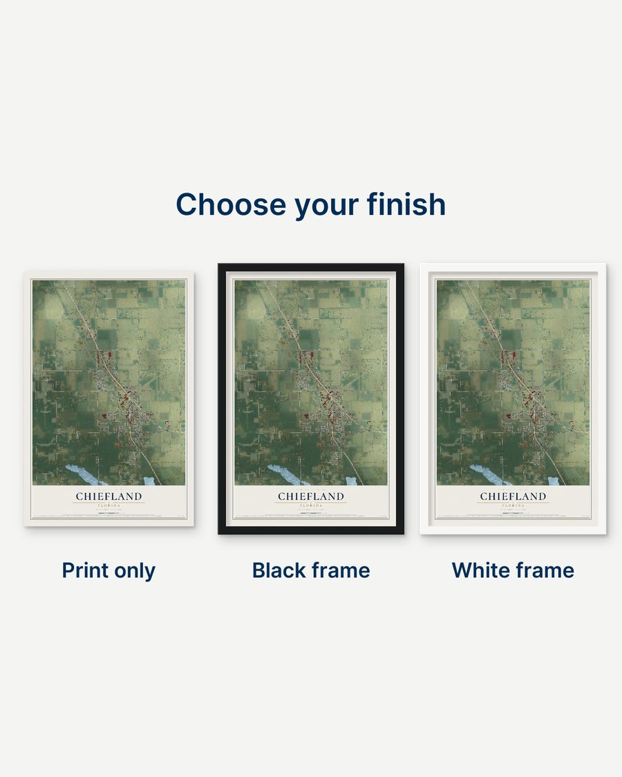 The Chiefland, Florida map as a print only, in a black frame and in a white frame