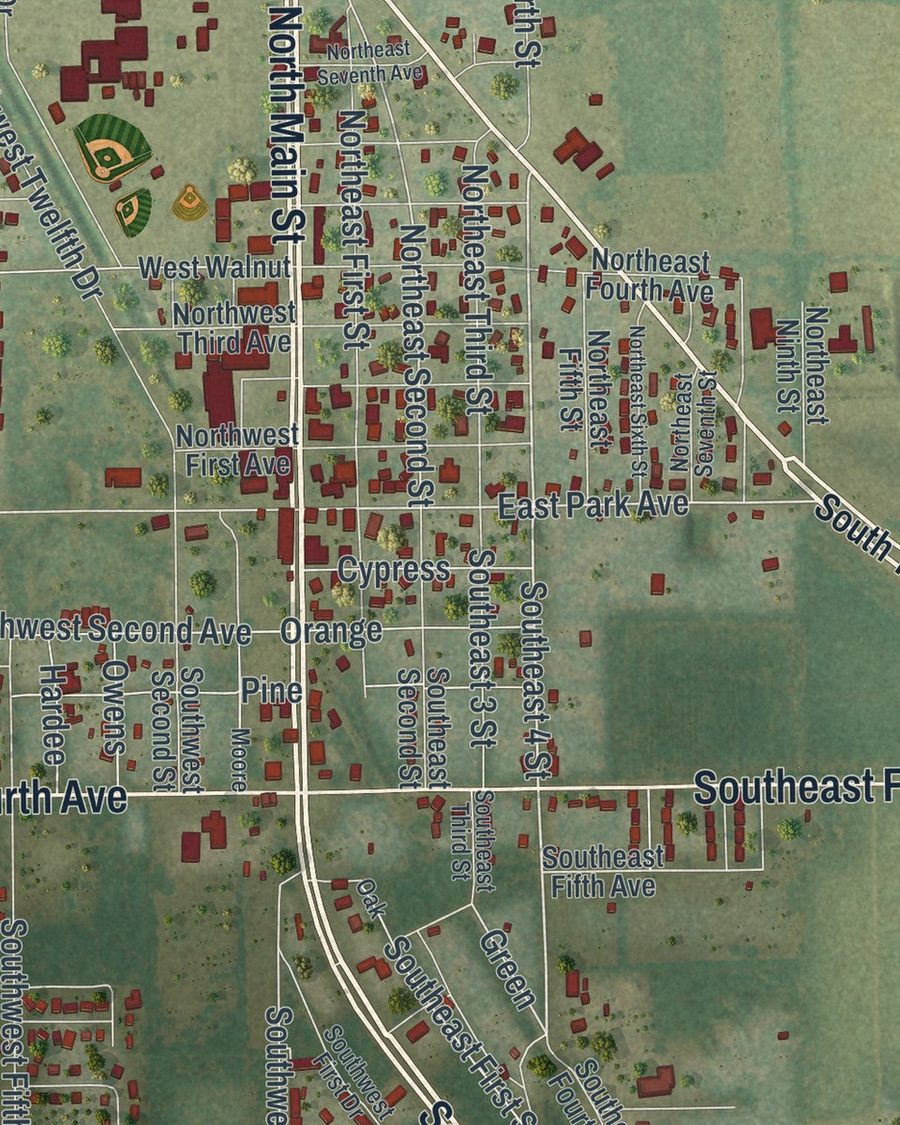 Close-up of Chiefland streets on the map