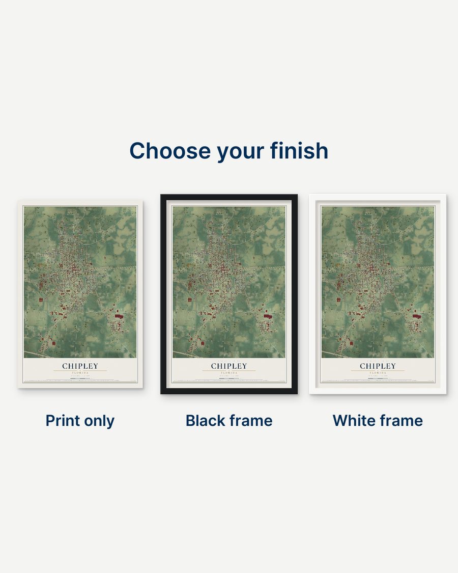 The Chipley, Florida map as a print only, in a black frame and in a white frame