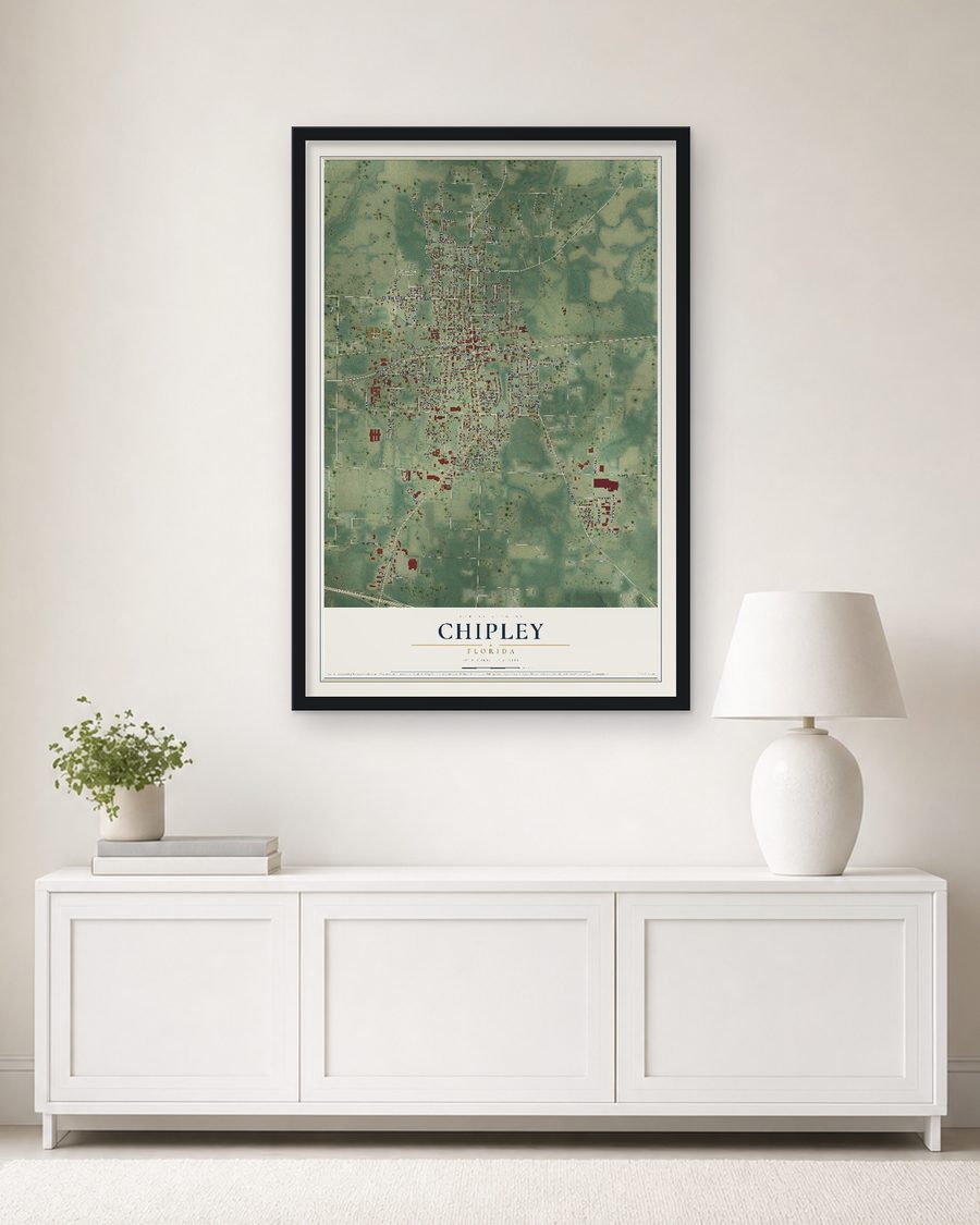 The Chipley, Florida map, 24 x 36 in, in a black wood frame on a living room wall
