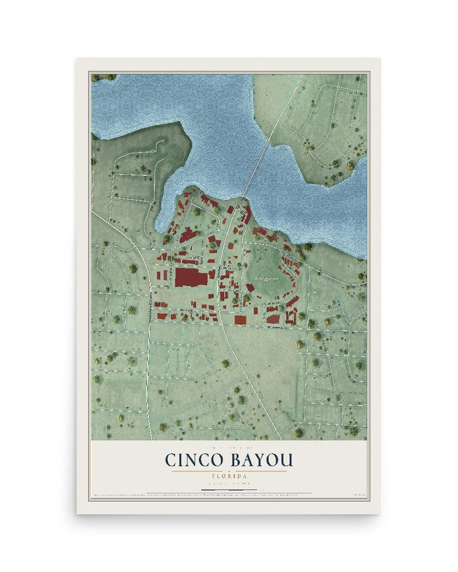 Cinco Bayou, Florida map print, 12 x 18 in, print only