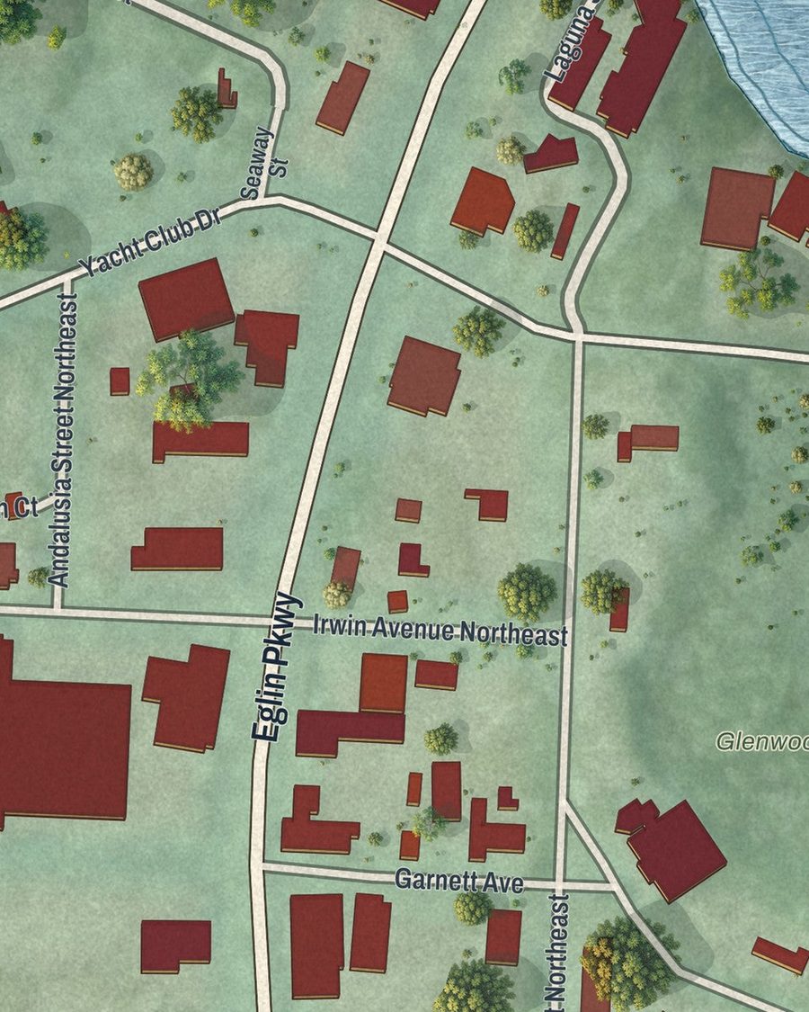 Close-up of Cinco Bayou streets on the map