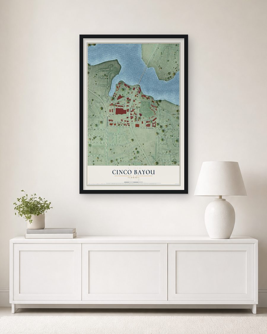 The Cinco Bayou, Florida map, 24 x 36 in, in a black wood frame on a living room wall