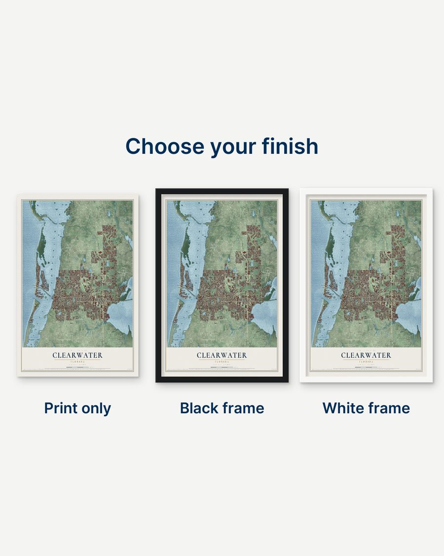The Clearwater, Florida map as a print only, in a black frame and in a white frame