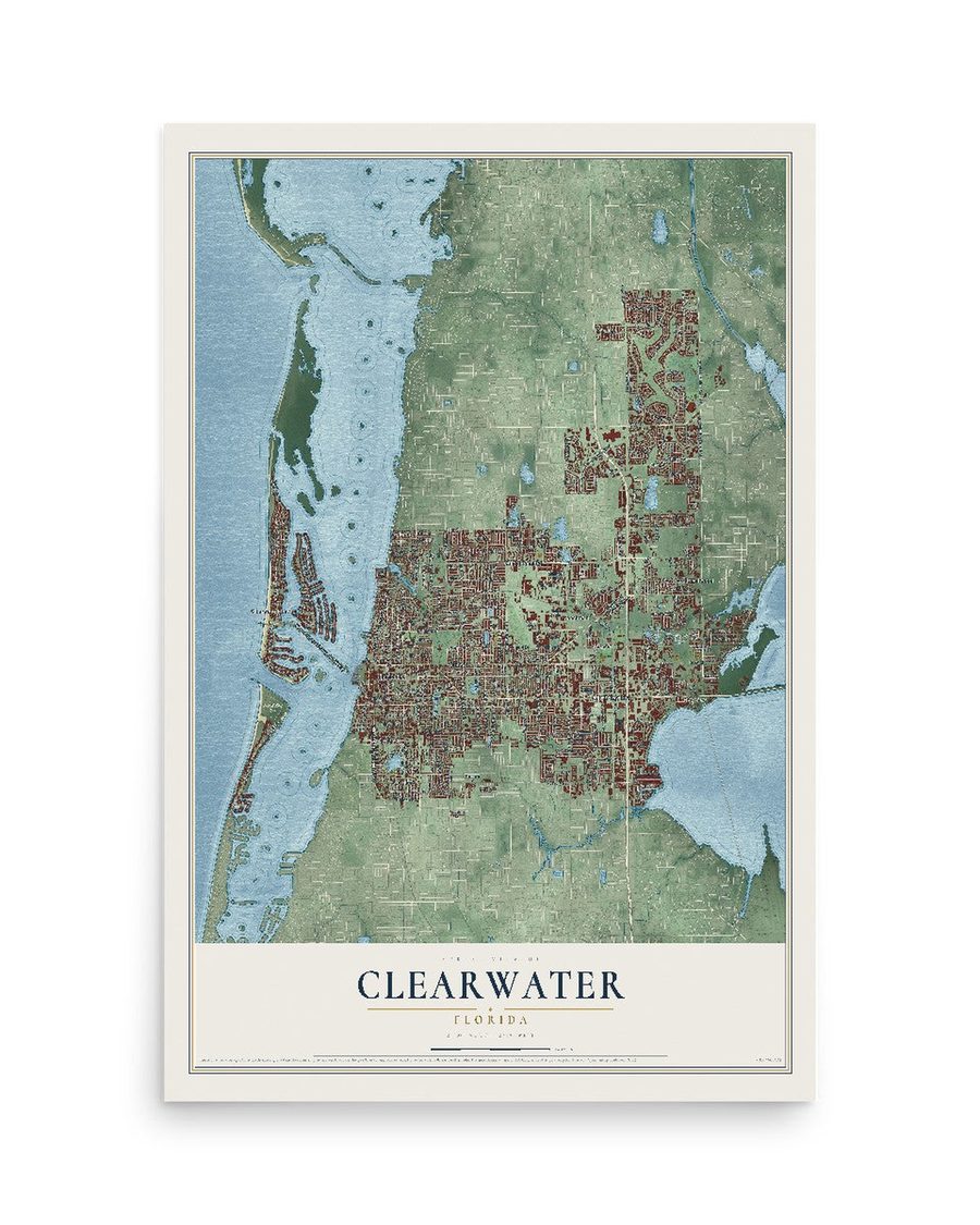 Clearwater, Florida map print, 12 x 18 in, print only