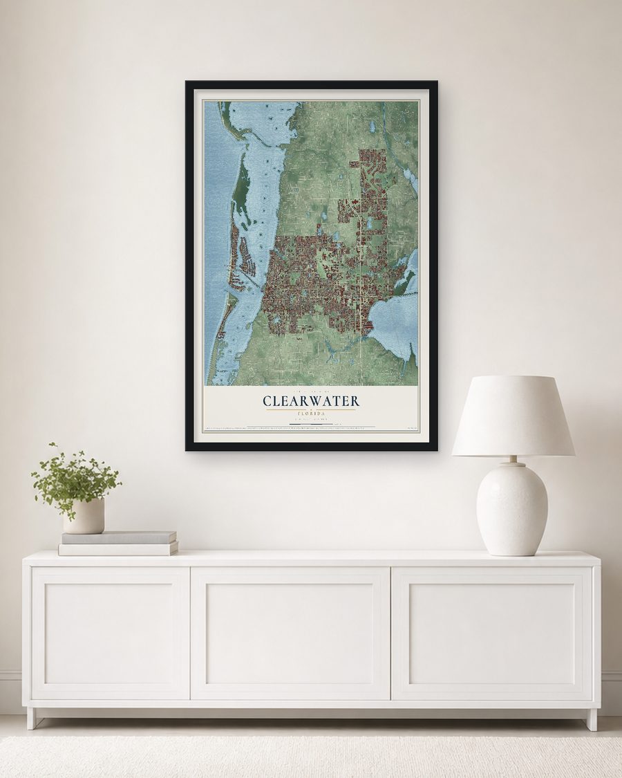 The Clearwater, Florida map, 24 x 36 in, in a black wood frame on a living room wall