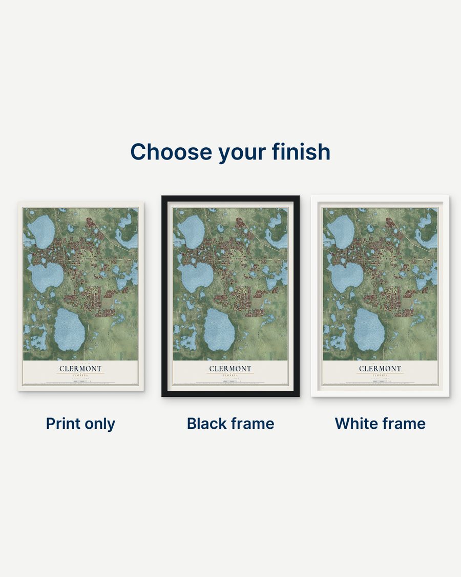 The Clermont, Florida map as a print only, in a black frame and in a white frame