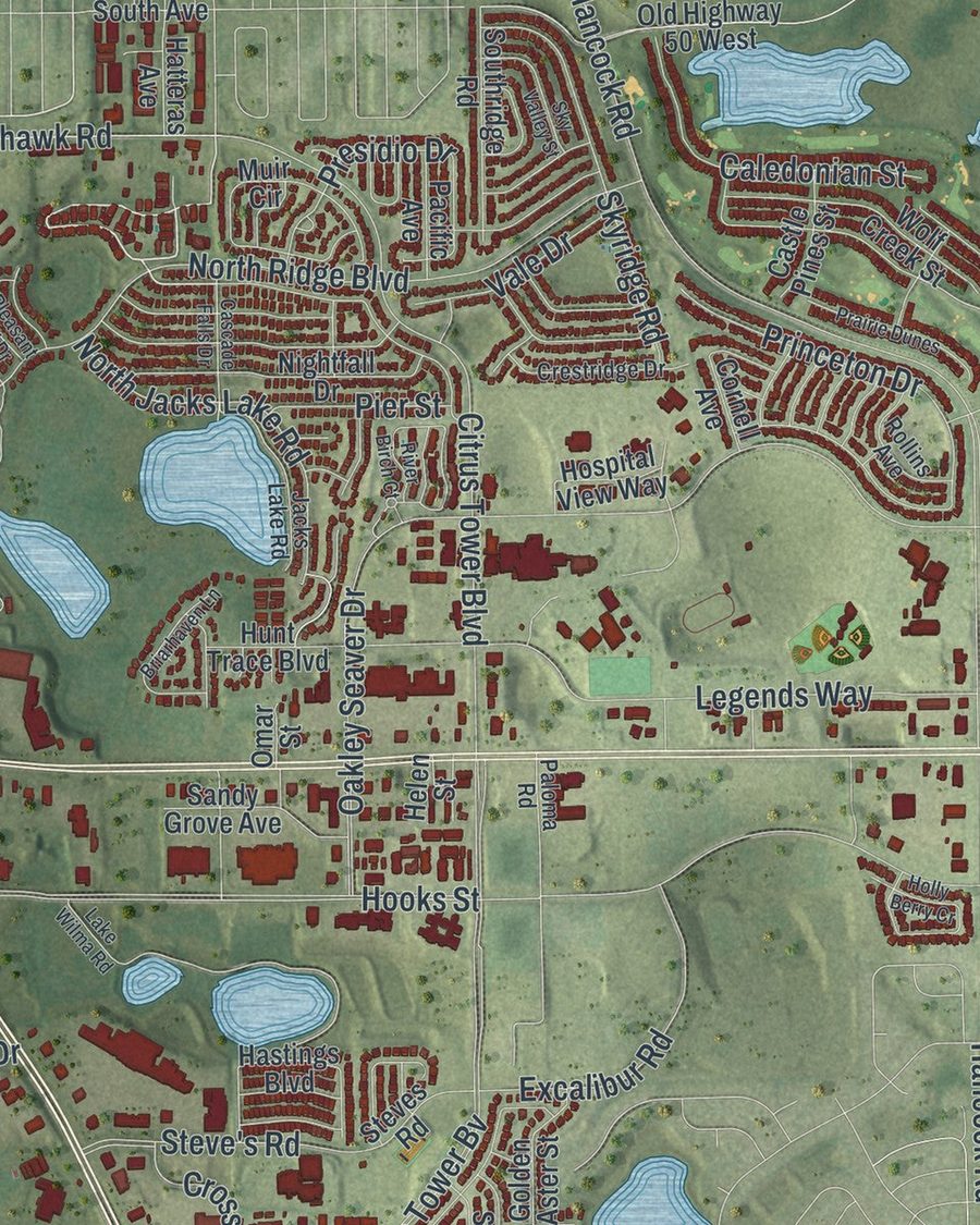 Close-up of Clermont streets on the map