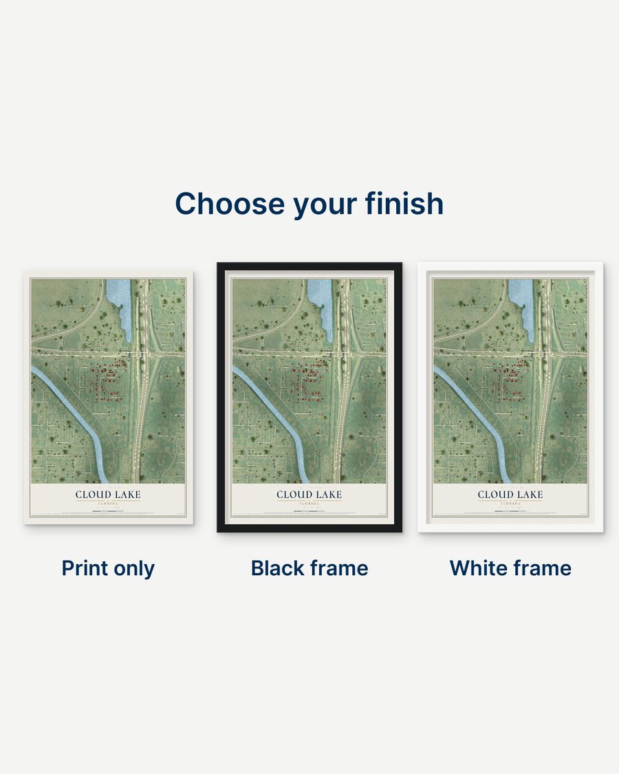 The Cloud Lake, Florida map as a print only, in a black frame and in a white frame