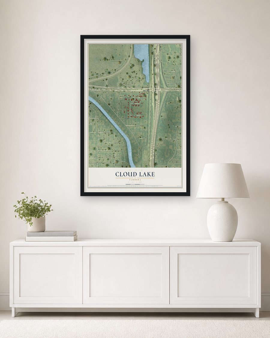 The Cloud Lake, Florida map, 24 x 36 in, in a black wood frame on a living room wall