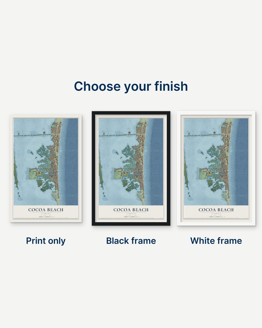 The Cocoa Beach, Florida map as a print only, in a black frame and in a white frame