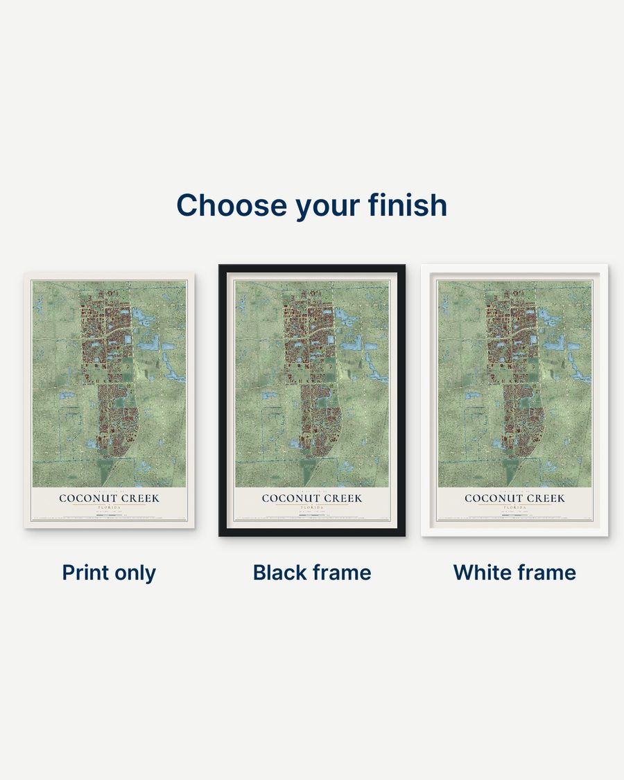 The Coconut Creek, Florida map as a print only, in a black frame and in a white frame