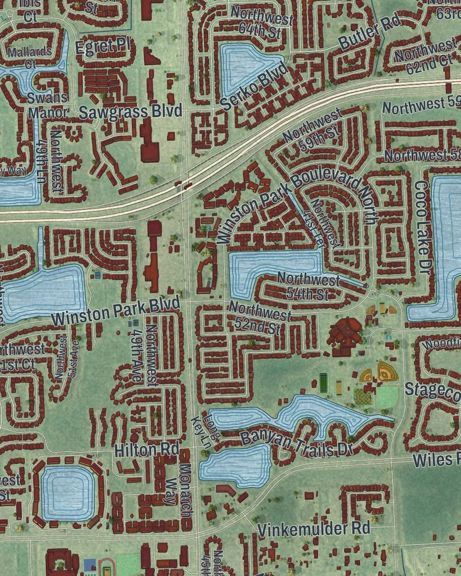 Close-up of Coconut Creek streets on the map