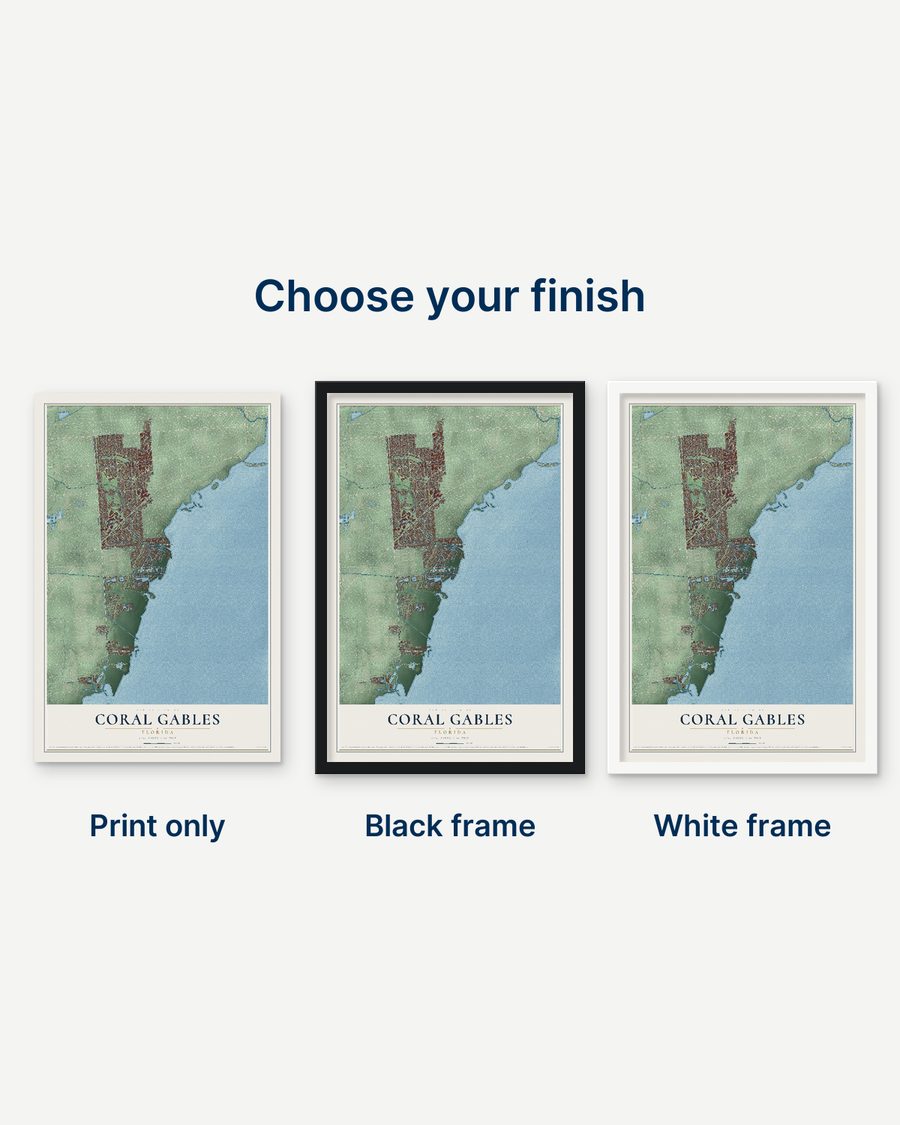 The Coral Gables, Florida map as a print only, in a black frame and in a white frame