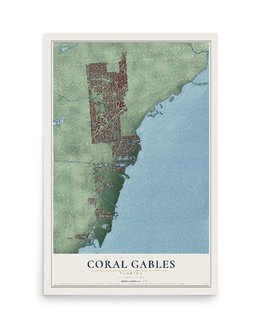 Coral Gables, Florida map print, 12 x 18 in, print only