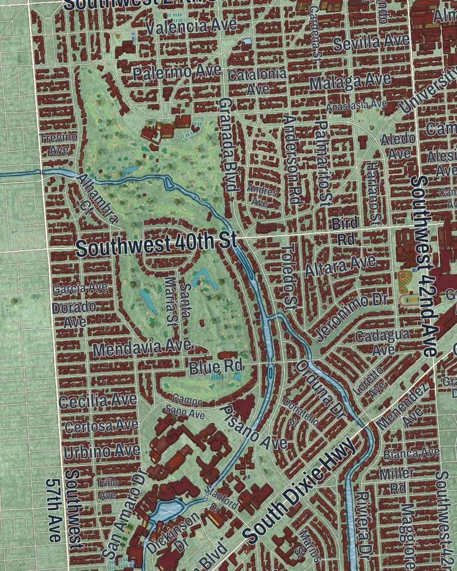 Close-up of Coral Gables streets on the map