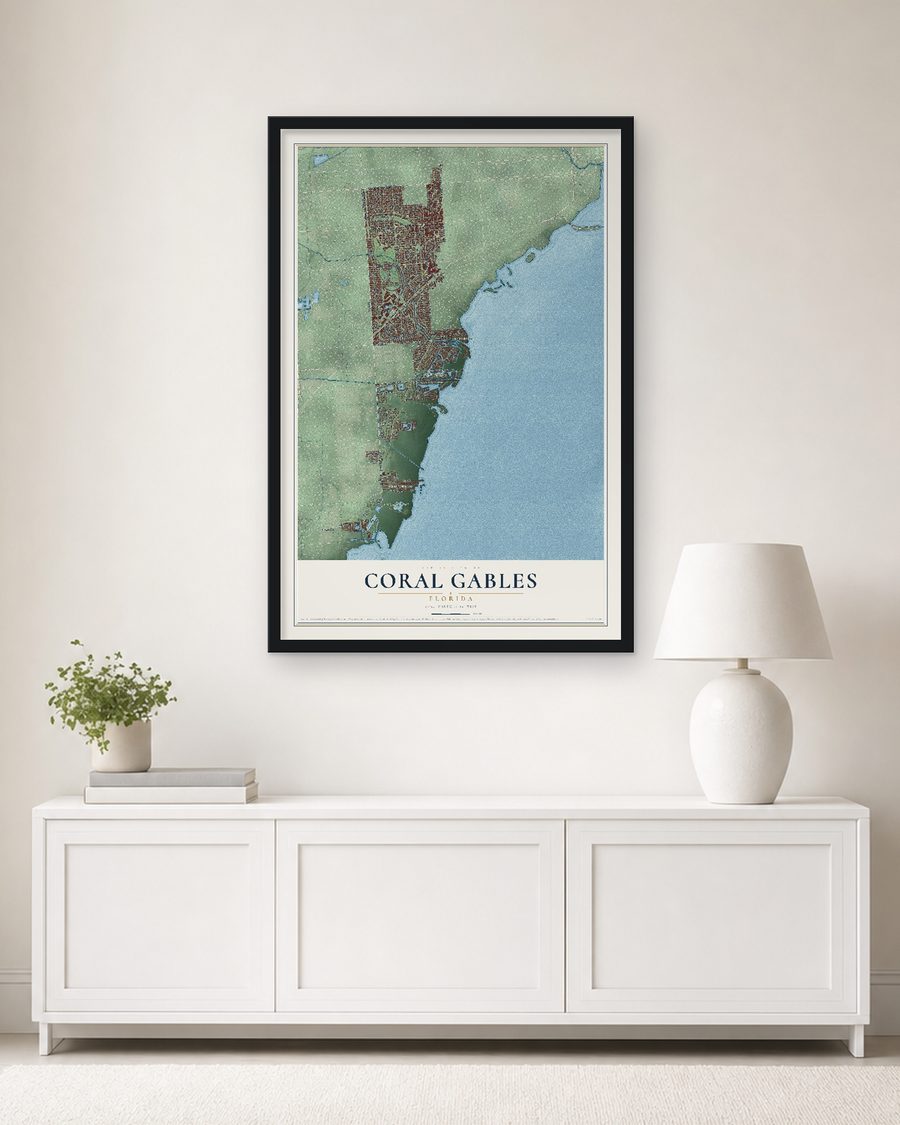 The Coral Gables, Florida map, 24 x 36 in, in a black wood frame on a living room wall
