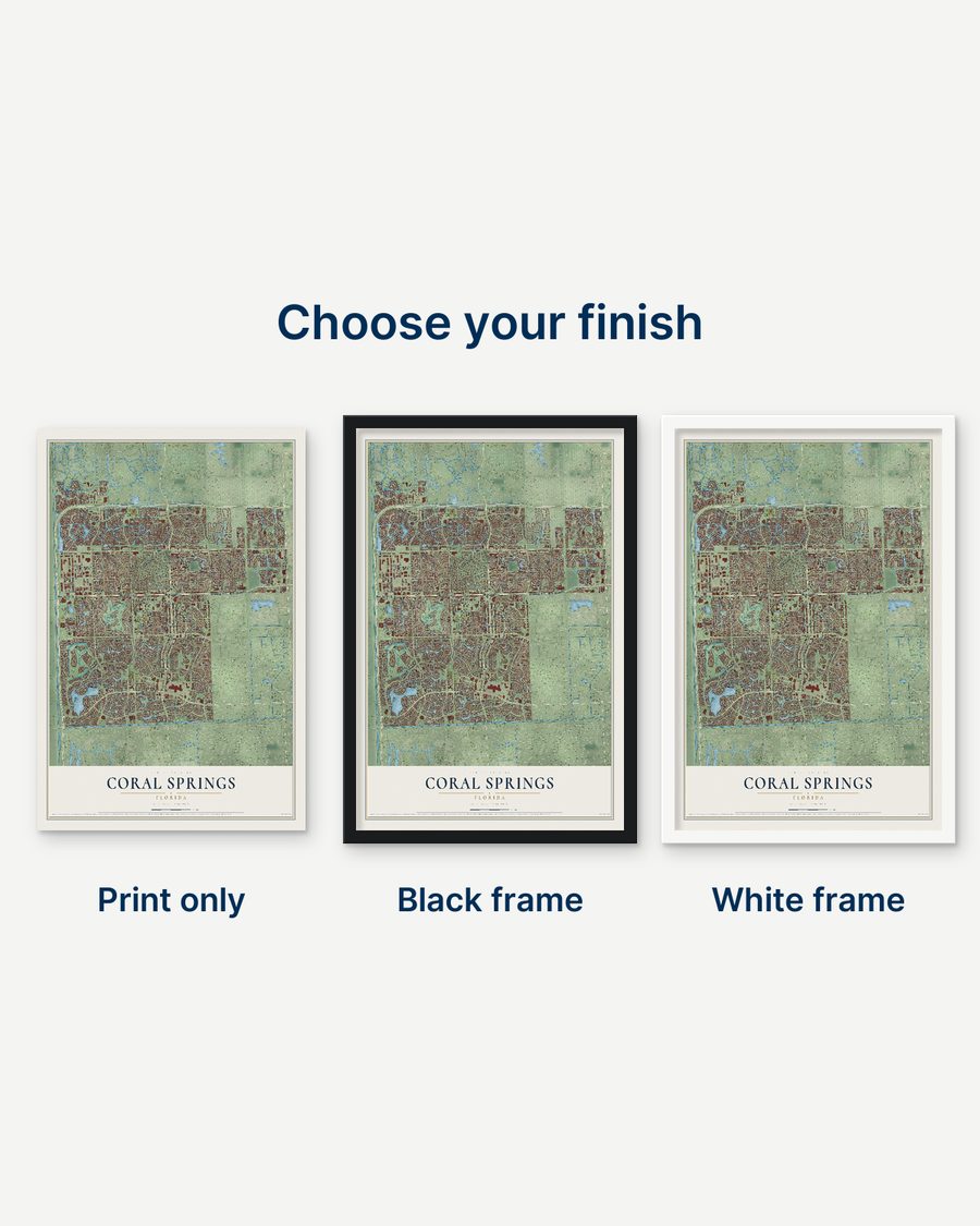 The Coral Springs, Florida map as a print only, in a black frame and in a white frame