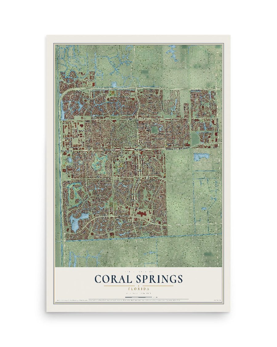 Coral Springs, Florida map print, 12 x 18 in, print only