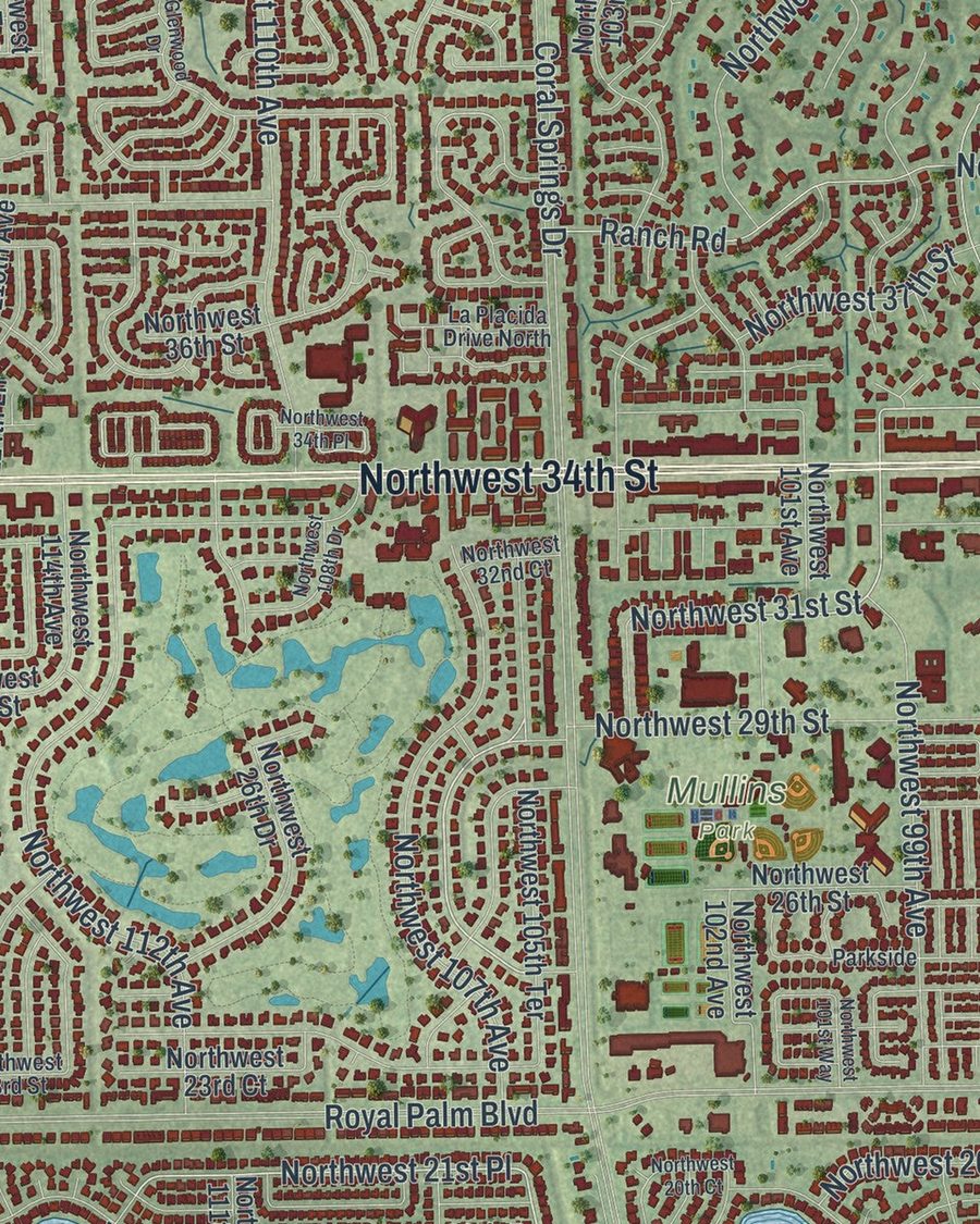Close-up of Coral Springs streets on the map