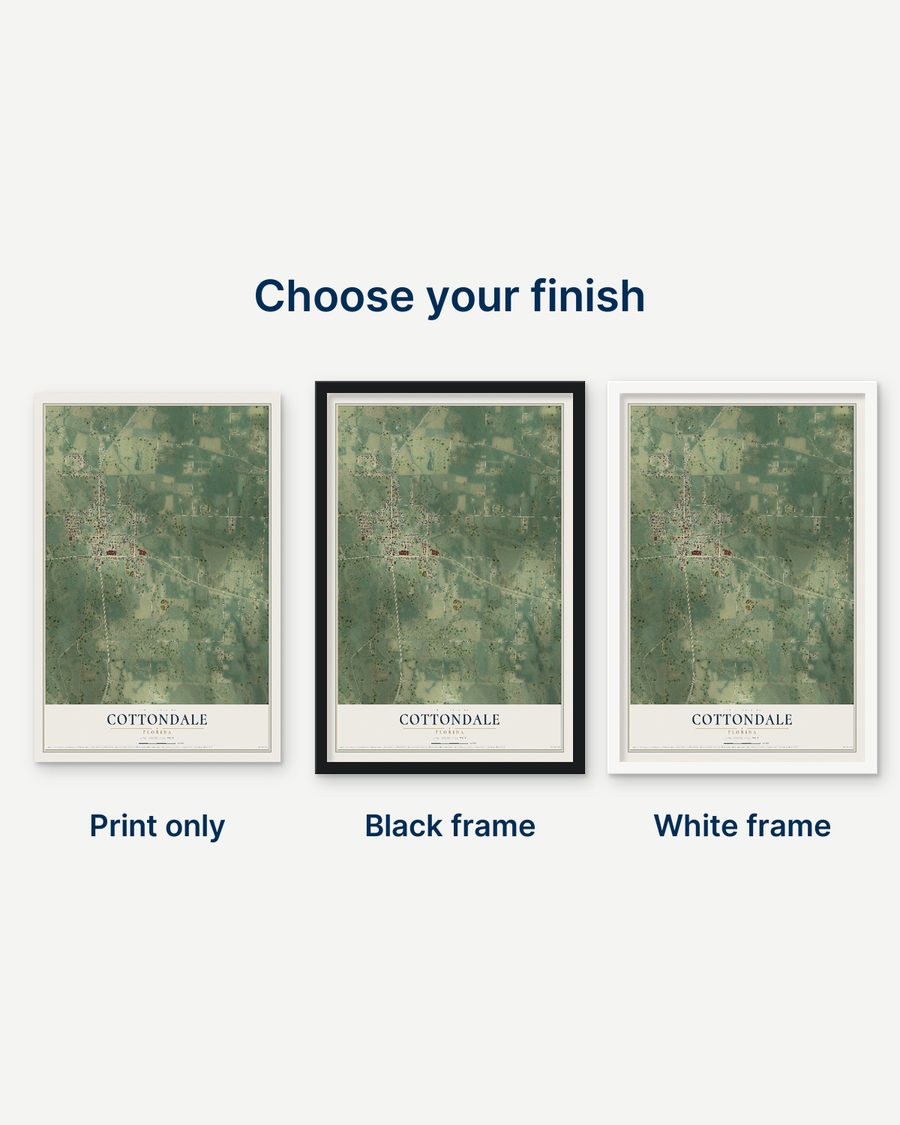 The Cottondale, Florida map as a print only, in a black frame and in a white frame