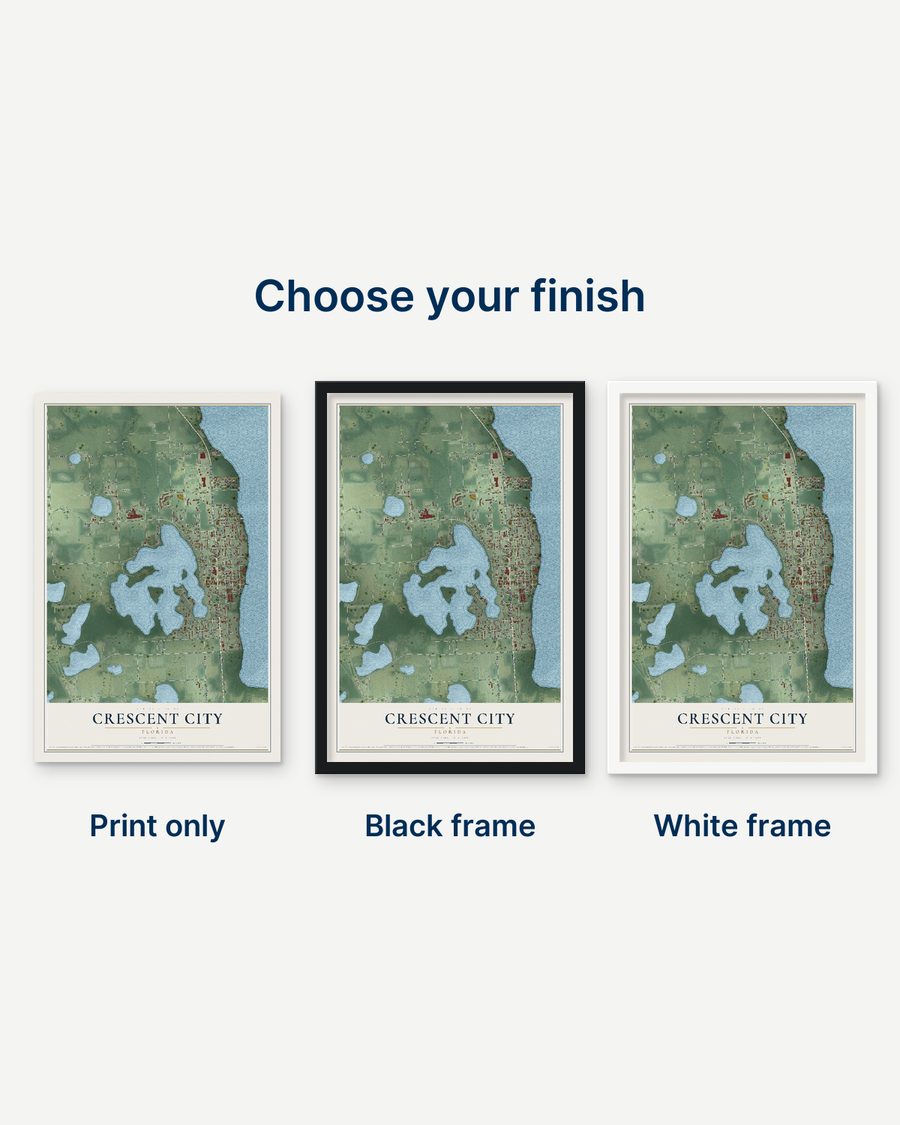 The Crescent City, Florida map as a print only, in a black frame and in a white frame