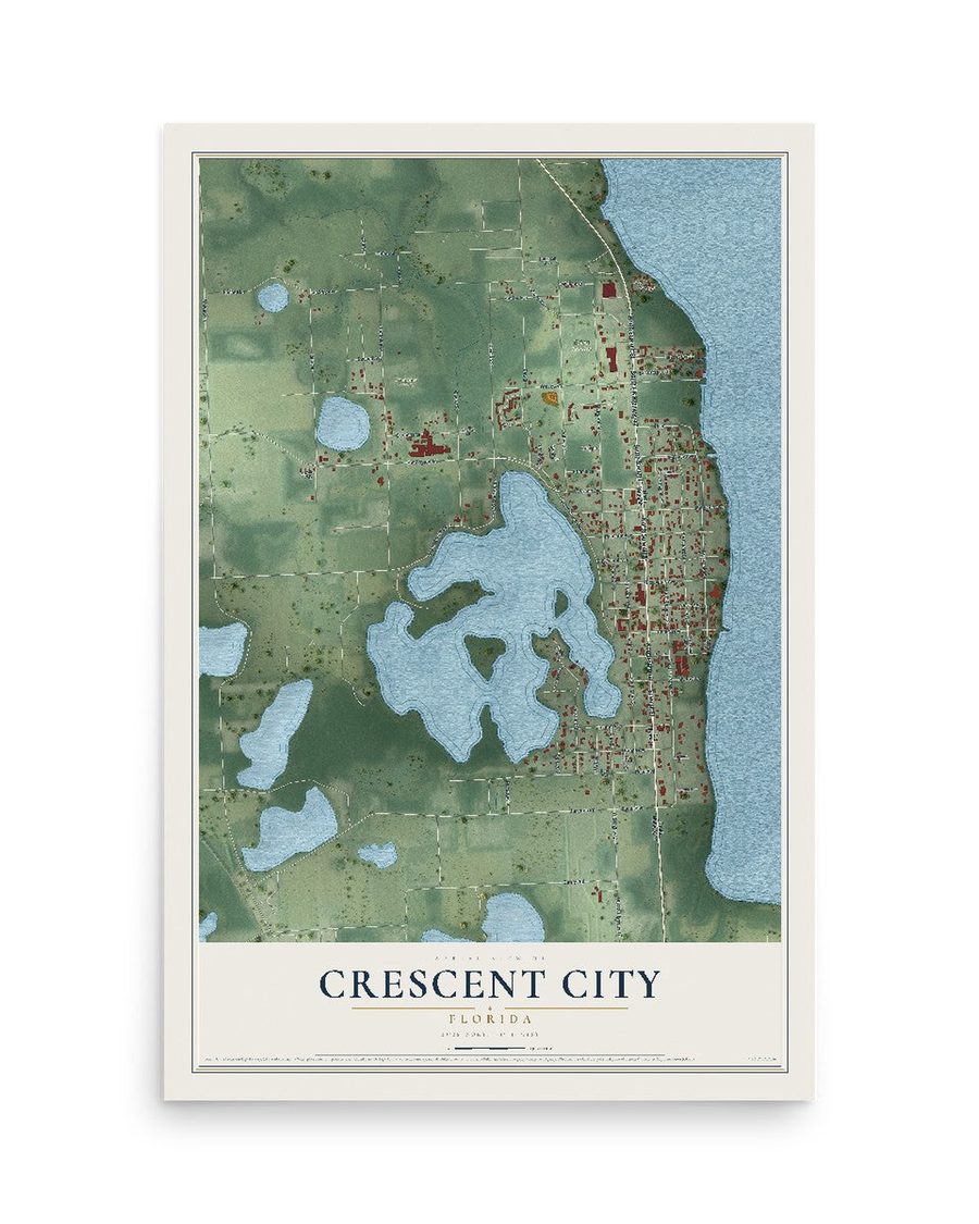 Crescent City, Florida map print, 12 x 18 in, print only