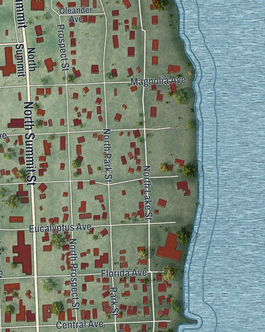 Close-up of Crescent City streets on the map